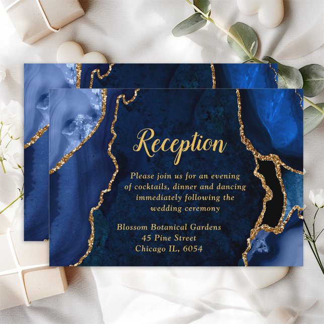 Navy Blue and Gold Agate Wedding Reception Enclosure Card (Creator Uploaded)