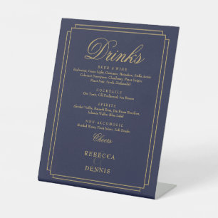 Navy Blue And Gold Art Deco Wedding Drinks Menu Pedestal Sign