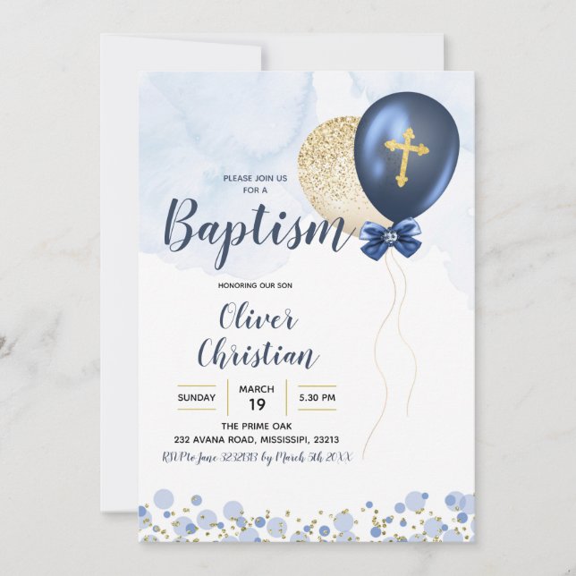 Navy Blue and Gold Balloon Boy Baptism Invitation (Front)
