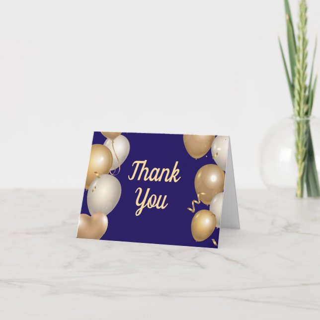 Navy Blue and Gold Balloons Confetti Thank You Card (Front)