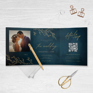Navy Blue and Gold Botanical Elegant Wedding Tri-Fold Invitation
