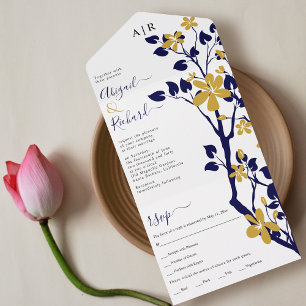 Navy blue and gold branch with flowers wedding  all in one invitation