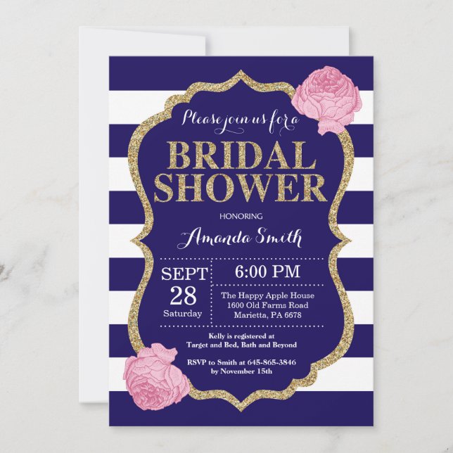 Navy Blue and Gold Bridal Shower Invitation (Front)