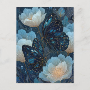 Navy Blue and Gold Butterfly with White Flower Postcard