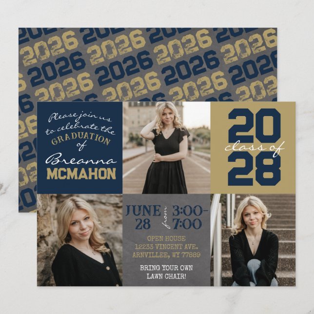 Navy Blue and Gold Chalkboard 3 Photo Graduation Invitation (Front/Back)
