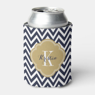 Navy Blue and Gold Chevron Monogram Can Cooler