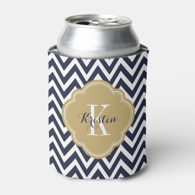Navy Blue and Gold Chevron Monogram Can Cooler (Can Front)