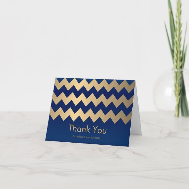 Navy Blue and Gold Chevron Pattern Thank You Card (Front)
