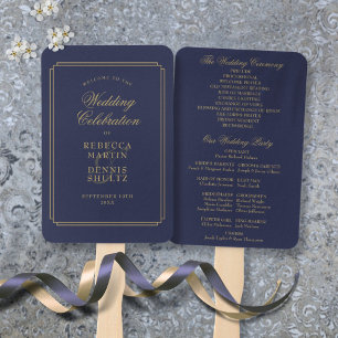 Navy Blue And Gold Chic Art Deco Wedding Program Hand Fan