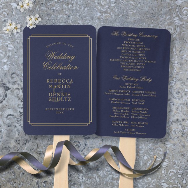 Navy Blue And Gold Chic Art Deco Wedding Program Hand Fan (Navy Blue And Gold Chic Art Deco Wedding Program Hand Fan)