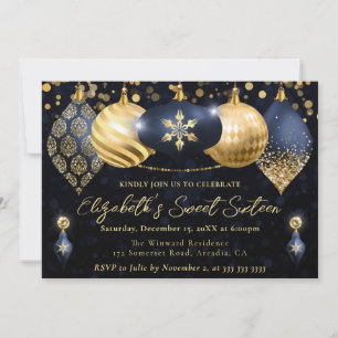 Navy Blue and Gold Christmas Baubles Sweet 16 Invitation