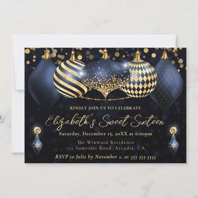 Navy Blue and Gold Christmas Baubles Sweet 16 Invitation (Front)