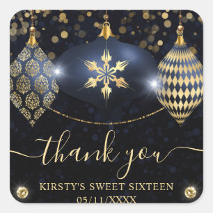 Navy Blue and Gold Christmas Baubles Sweet Sixteen Square Sticker