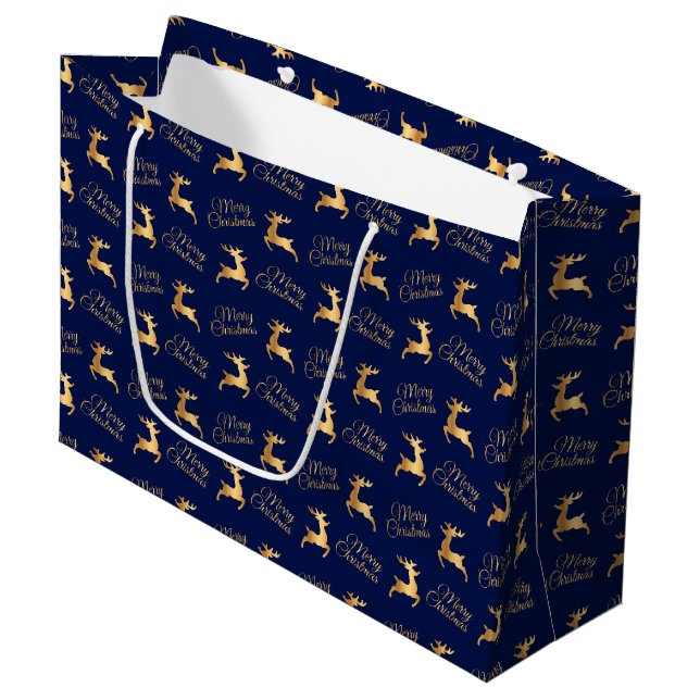Navy Blue and Gold Christmas Reindeers Large Gift Bag (Front Angled)