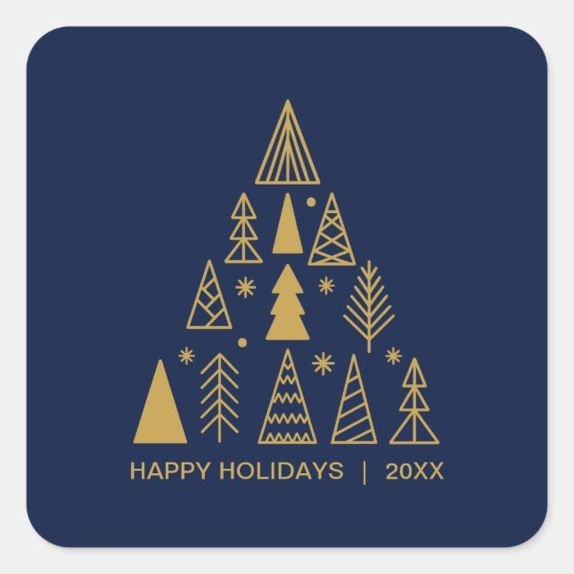 Navy Blue and Gold Christmas Tree | Holiday Square Sticker (Front)