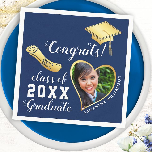 Navy Blue and Gold Class 2025 Photo Graduation Napkin (Creator Uploaded)