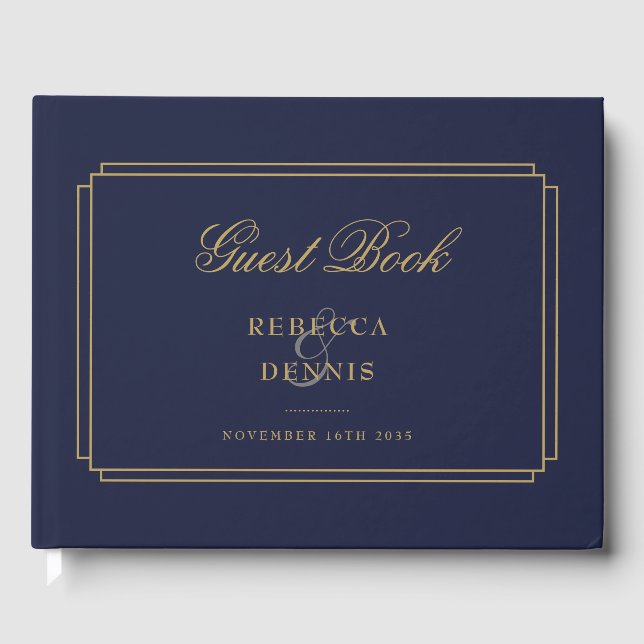 Navy Blue And Gold Classic Art Deco Wedding Guest Book (Front)