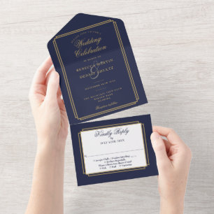 Navy Blue And Gold Classic Deco Monogram Wedding All In One Invitation