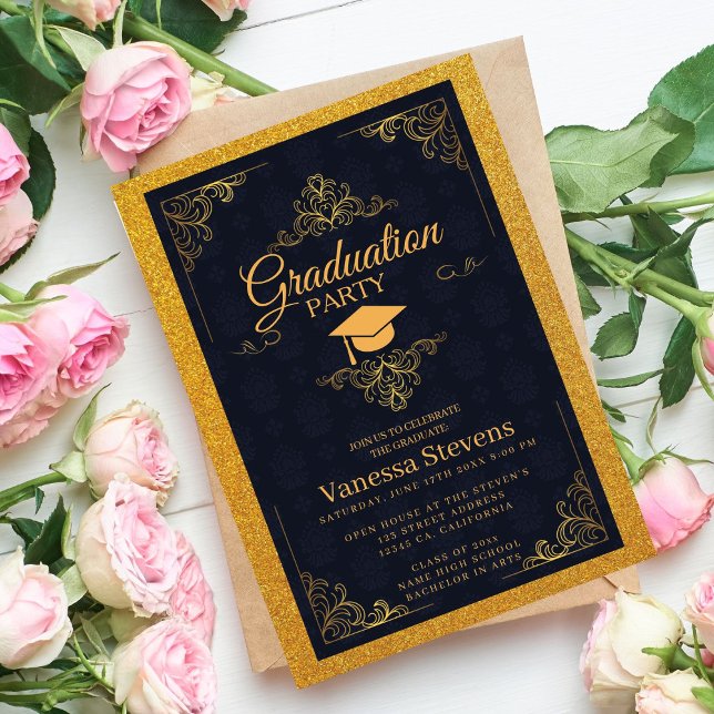 Navy Blue And Gold Classic Graduation Cap Party  Invitation (Creator Uploaded)