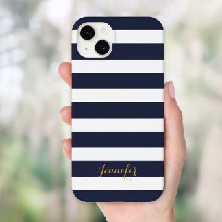 Navy Blue and Gold Classic Stripes Monogram Case-Mate iPhone 14 Plus Case