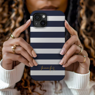 Navy Blue and Gold Classic Stripes Monogram iPhone 15 Case