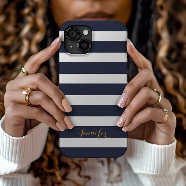Navy Blue and Gold Classic Stripes Monogram Case-Mate iPhone Case (Creator Uploaded)