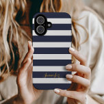 Navy Blue and Gold Classic Stripes Monogram iPhone 16 Case<br><div class="desc">Protect your phone in style with this classic preppy striped iPhone case, featuring a timeless stripe pattern and a personalised name or monogram for a sophisticated touch. Choose from a variety of colours and fonts to match your aesthetic, whether you prefer bold, pastel, or neutral tones. Designed for durability and...</div>