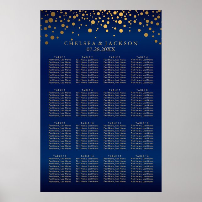 Navy Blue and Gold Confetti Dots  16 Seating Chart (Front)