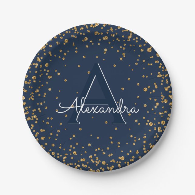 Navy Blue and Gold Confetti Monogram Birthday Paper Plate (Front)