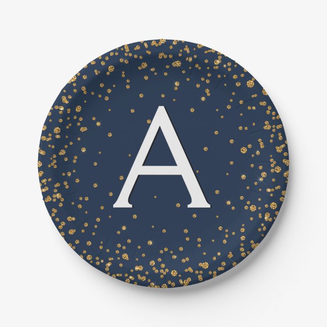 Navy Blue and Gold Confetti Monogram Birthday Paper Plate (Front)