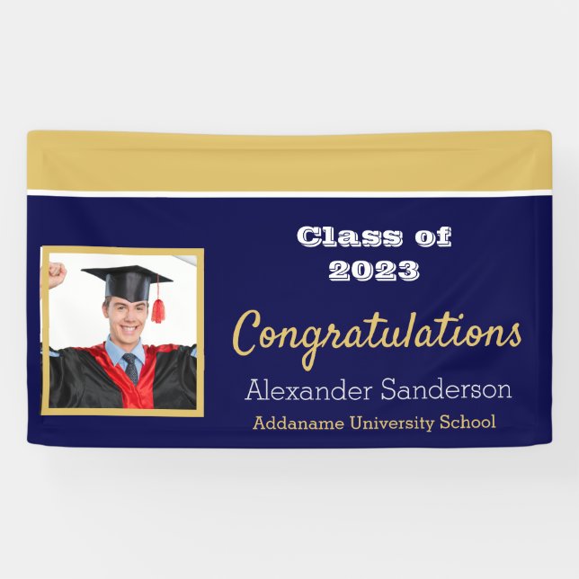 Navy Blue and Gold Congrats Grad Graduation Banner (Horizontal)
