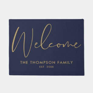 Navy Blue And Gold Custom Family Name Welcome Doormat