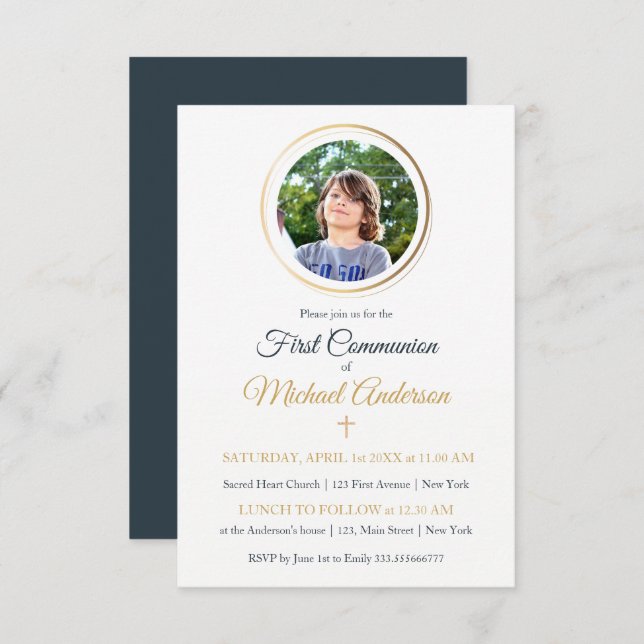 Navy Blue and Gold Custom Photo First Communion Invitation (Front/Back)