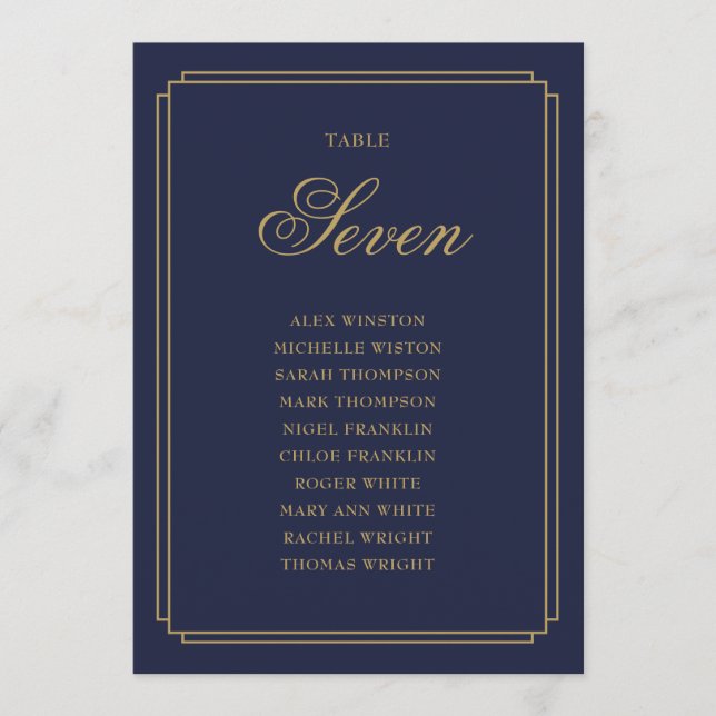 Navy Blue And Gold Deco Table Number Seating Chart (Front)