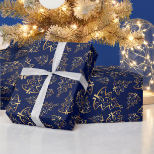 Navy Blue and Gold Elegant Christmas Trees Wrapping Paper