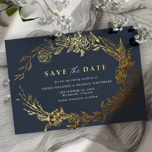 Navy Blue and Gold   Elegant Floral Save the Date