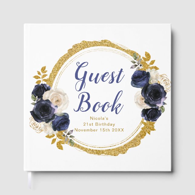 Navy Blue and Gold Elegant Flowers Birthday Party Guest Book (Front)