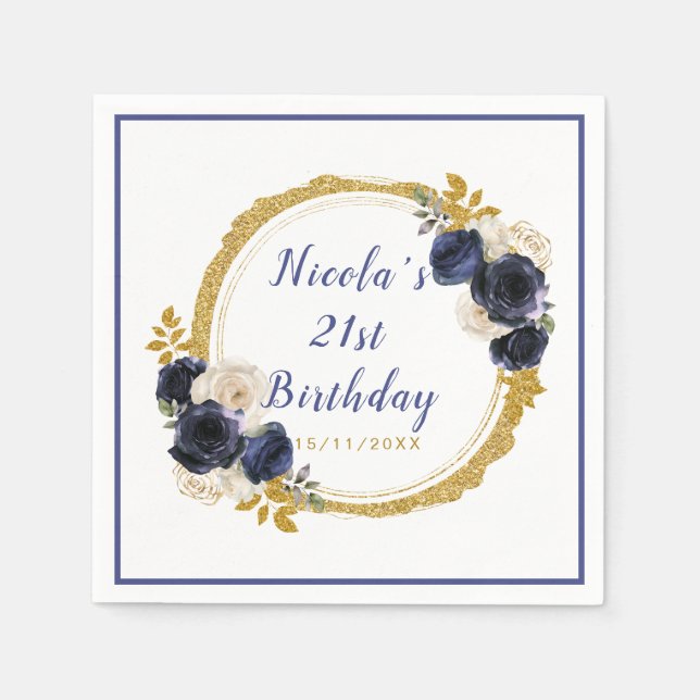 Navy Blue and Gold Elegant Flowers Birthday Party Napkin (Front)