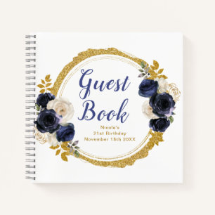 Navy Blue and Gold Elegant Flowers Birthday Party Notebook
