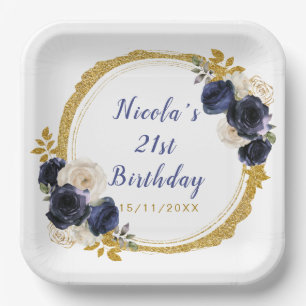 Navy Blue and Gold Elegant Flowers Birthday Party Paper Plate