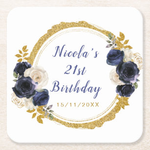 Navy Blue and Gold Elegant Flowers Birthday Square Paper Coaster