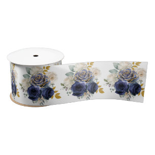 Navy Blue and Gold Elegant Flowers  Satin Ribbon