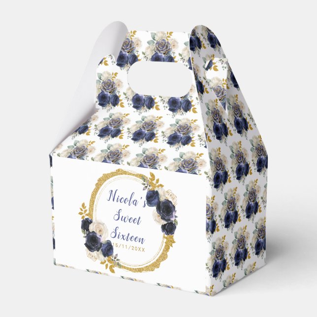 Navy Blue and Gold Elegant Flowers Sweet Sixteen Favour Box (Front Side)
