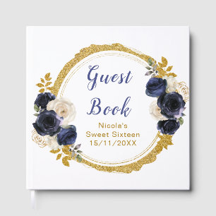 Navy Blue and Gold Elegant Flowers Sweet Sixteen Guest Book