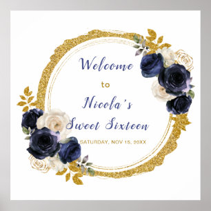 Navy Blue and Gold Elegant Flowers Sweet Sixteen Poster