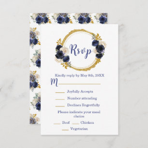 Navy Blue and Gold Elegant Flowers Sweet Sixteen RSVP Card