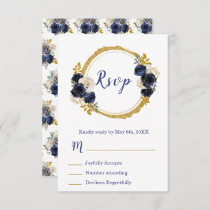Navy Blue and Gold Elegant Flowers Sweet Sixteen RSVP Card