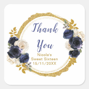 Navy Blue and Gold Elegant Flowers Sweet Sixteen Square Sticker