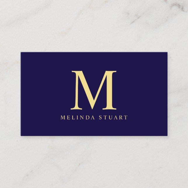 Navy Blue and Gold Elegant Monogram Business Card (Front)