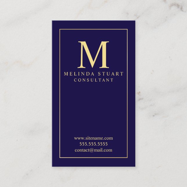 Navy Blue and Gold Elegant Monogram Business Card (Front)